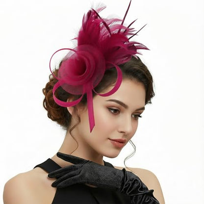 DRESHOW Fascinators Hats for Women Tulle Feather Tea Party Fascinator Wine