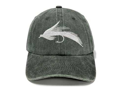 Fishing Baseball Cap for Men Women, Adjustable Embroidered Fish Hat - color: Fly Fishing Lures (Washed Army Green)
