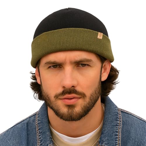 TOP-EX Merino Wool Fisherman Beanie for Men Women, Knit Watch Cap Winter - color: Black / Army Green, size: Medium-Large