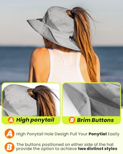EW EastWater Beach Sun Bucket Hats for Women,UV Protection High Ponytail Hole UPF 50+ Waterproof for Hiking Safari Fishing - color: Light Grey