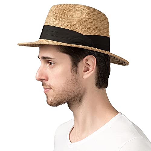 Lanzom Summer Beach Sun Hats for Men Women Foldable Floppy Travel Packable Staw Hat, Wide Brim Hat - color: Style B-khaki, size: Large