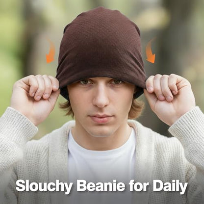 2 Pack Spring Slouchy Beanie for Men Women Lightweight Stacked Skull Cap Chemo Cap Night Sleeping Hat - color: Black+brown
