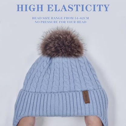 FENELY Women's Knitted Warm Beanie Winter Hat, Warm Chunky Snow Hat with Pompom - color: Blue