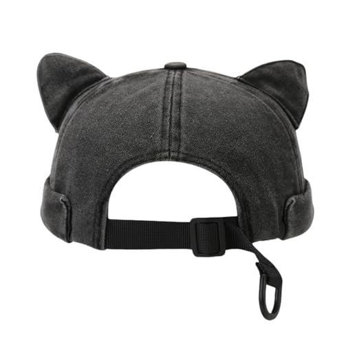 Cute Cat Ear Beanie Hats for Women Men Washed Cotton Brimless Docker Cap Retro Rolled Cuff Skull Cap - color: Black Gray