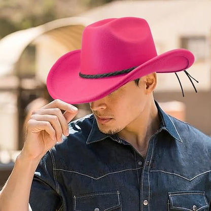 DRESHOW Western Cowboy Hat for Men Women Cowboy Cowgirl Hat Outdoor Wide Brim Retro Felt Fedora Hats Unisex Rolled up Caps - color: 1 Pack Style 9: Hot Pink With Braided Band