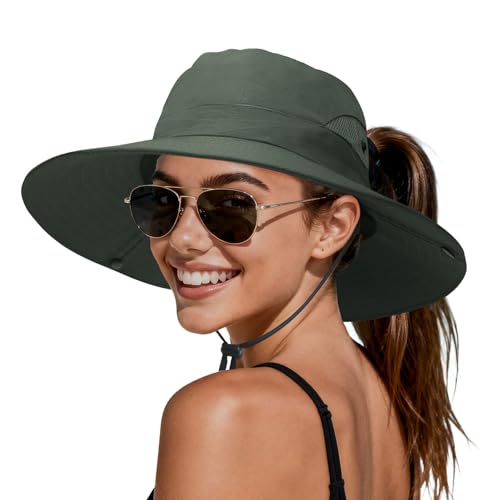 PFFY Sun Beach Hats for Women Men Wide Brim Fishing Bucket Hat - color: Pure Darkgreen