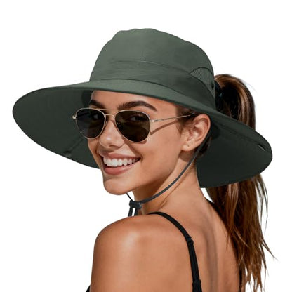 PFFY Sun Beach Hats for Women Men Wide Brim Fishing Bucket Hat - color: Pure Darkgreen