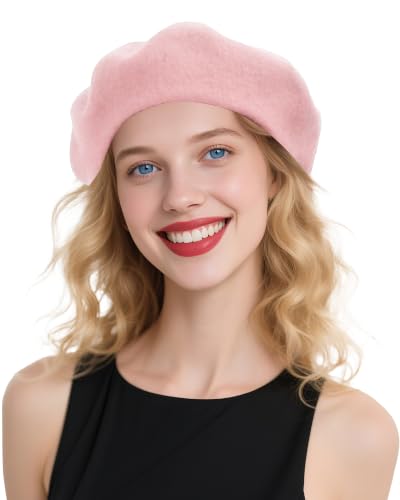 French Beret Hats for Women - Wool Solid Color Beanie Cap - color: Pink