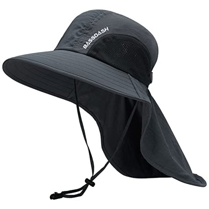 BASSDASH UPF 50+ Unisex Water Resistant Wide Brim Sun Hat with Large Neck Flap Ponytail Fishing Hat for Men Women - color: Dark Grey