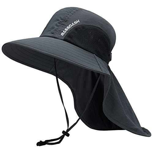 BASSDASH UPF 50+ Unisex Water Resistant Wide Brim Sun Hat with Large Neck Flap Ponytail Fishing Hat for Men Women - color: Dark Grey