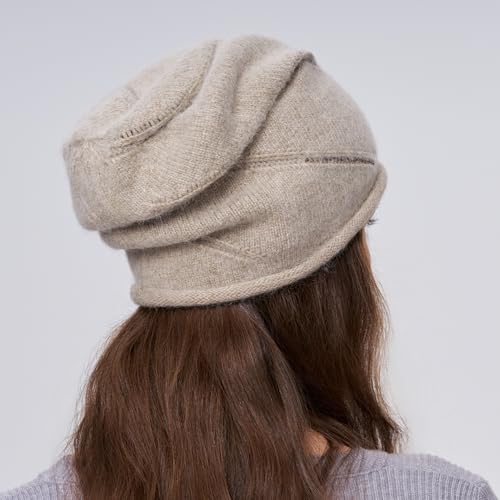 Women's Knitted Angora Wool Hat for Autumn and Winter Warm and Stylish with Rolled Brim and Slanted Rhinestones Cap - color: New-camel
