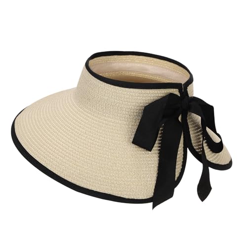 Beach Sun Hats for Women Sun Visors Wide Brim Foldable Straw Hats Packable for Travel Vacation - color: Beige