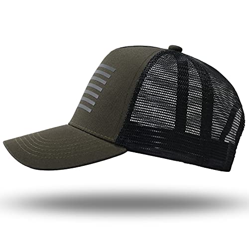 American Flag Trucker Hat - Snapback Hat, Baseball Cap for Men Women - Breathable Mesh Side, Adjustable Fit - for Casual Wear - color: Olive/Black