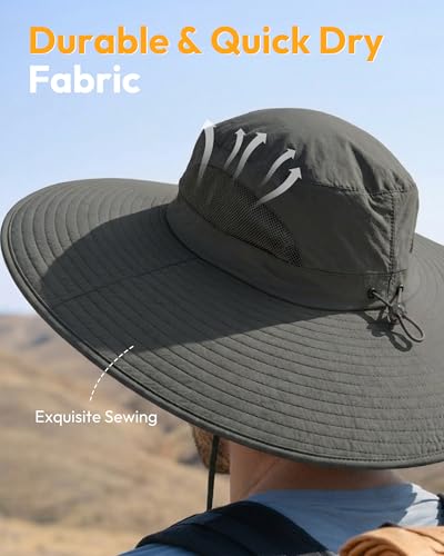 Mens Sun Hat Super Wide Brim Waterproof Breathable Bucket Hats for Men - color: Dark Grey