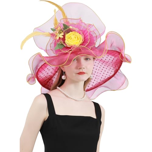 Women Derby Church Hat Organza Flower Wedding Tea Party Fascinator Wide Brim Sun Hat - color: 14-rose Red