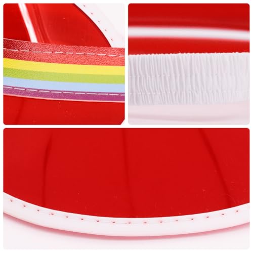 Giovacker Womens Mens PVC Clear Colorful Sun Visor Hats - color: Rainbow Print - Rose Red + Red