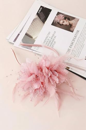 BABEYOND Flower Feather Beads Fascinator Headband for Women Derby Headpiece - color: Nude Pink