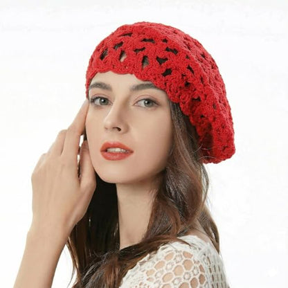 ZLYC Women Cotton Slouchy Crochet Beret Handmade Cutout Floral Beanie Hat - color: Red