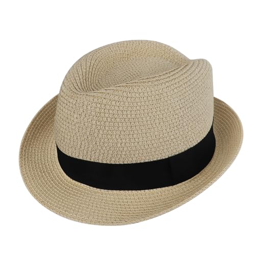Kids Fedora Hat Panama Trilby Hat Sun Straw Hats Jazz Short Brim Roll Up Summer Beach Cap for Boys Girls 2-7 Years - color: Beige