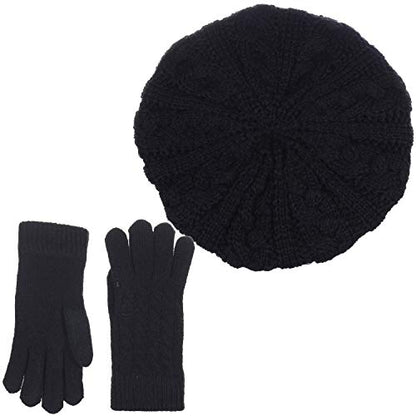 BYOS Womens Winter Cozy Cable Fleece Lined Knit Beret Beanie Hat (Set Available) - color: Black Cable Hat Gloves Set