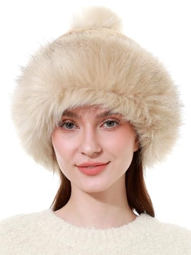 sy soul young Women's Faux Fur Hats with Pompom Warm Knit Beanie Skull Hat - color: Khaki