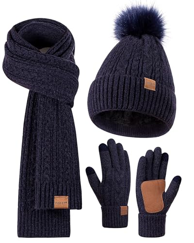Winter Beanie Hat Scarf Gloves Set for Women, Pom Pom Beanie Fleece Lined Knit Neck Warmer Touchscreen Gloves 3 in 1 Gift Set - color: Navy
