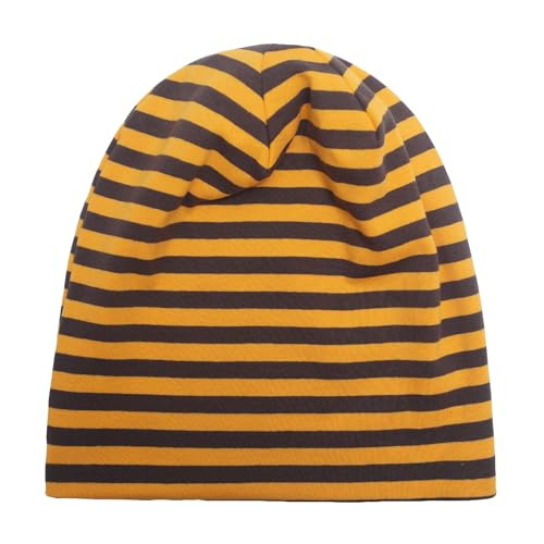 ZLYC Cotton Thin Slouchy Beanie Hat for Men Women Stretch Skull Cap - color: Striped Brown and Yellow, size: One Size