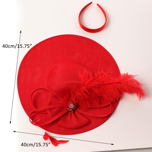 Unpifolov Fascinators Hats Elegant Women Flower Mesh Feathers Wedding Cocktail Bride Headband for Derby Hat Tea Party - color: Red