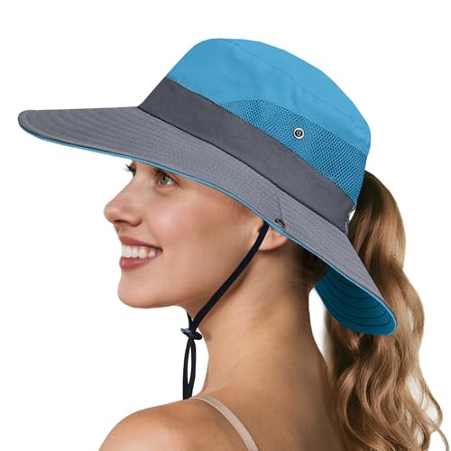 NPQQUAN Ponytail Sun Hats for Women UPF 50+ Wide Visor UV Protection Hat - color: Skyblue/Grey(ponytail Hole)
