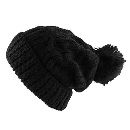 Morehats Thick Crochet Knit Pom Pom Beanie Winter Ski Hat - color: Black