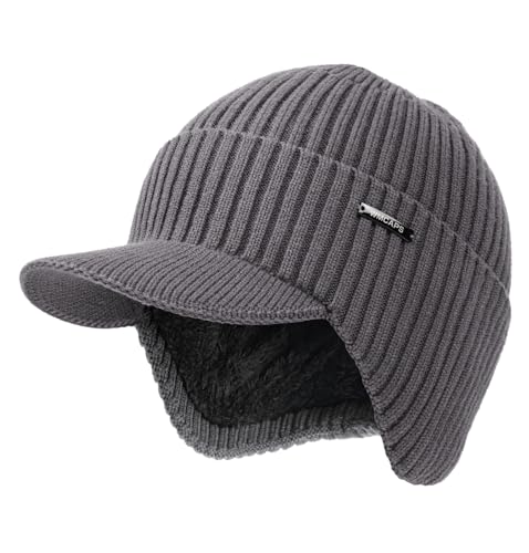 Wmcaps Winter Beanie with Brim & Ear Flaps, Fleece Lined Hat for Men Women - color: Charcoal Gray