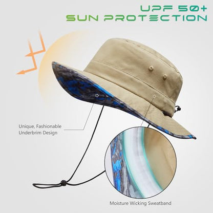 UPF 50+ Foldable Sun Hat Patterned Under Brim Bucket Hats for Summer Hiking Fishing Beach Safari Men Women - color: Khaki, size: Medium