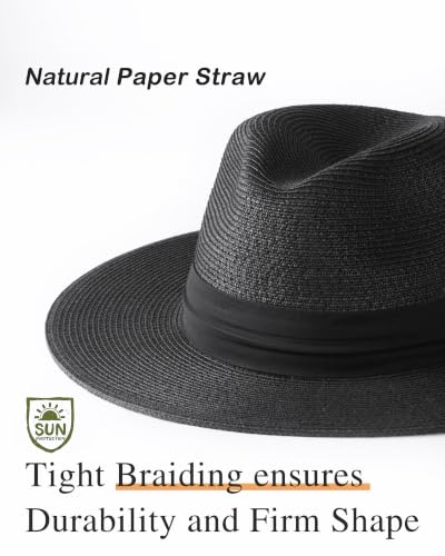 FURTALK Sun Hat Wide Brim Straw Fedora Panama Beach for Men Women - color: Black, size: Medium-Large