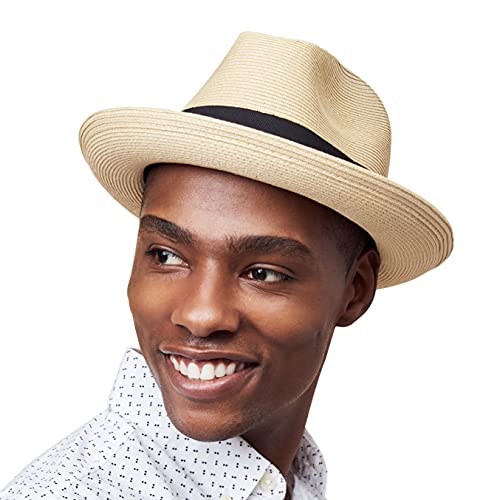 Pineapple&Star Genoa Fedora Bucket Sun Straw Beach Hat Fine Braid UPF50+ Unisex - color: Beige_bowbk, size: Large
