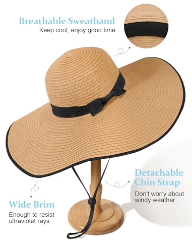 Floppy Sun Hats for Women, Summer Wide Brim Straw Beach Hat - color: Khaki Black, size: X-Large