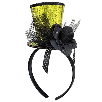 WLBON Halloween Mini Top Hat Headband 1920s Flower Sequins Hair Hoops Bands Fascinator Headpiece Hairband Women Christmas Holiday Festival Parade Cosplay Dress Up Birthday Tea Party Accessories Golden - color: Golden Tone