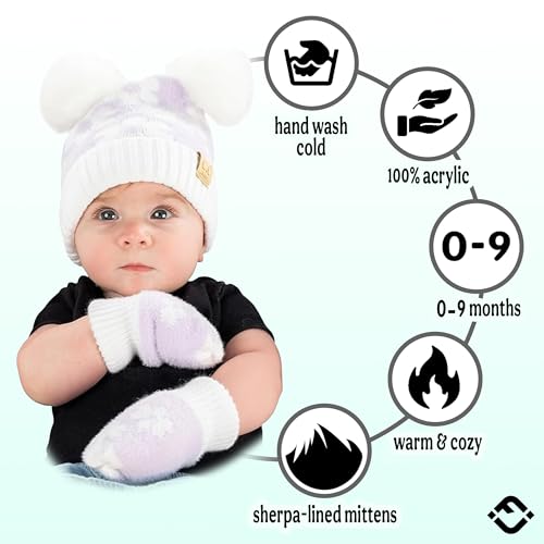 Funky Junque Baby Double Faux Fur Pom Pom Beanie & Mittens Set – Newborn Infant 0–9 Months Winter Hat with Soft Lined Mittens - color: Daisy: Lavender (0-9 Months)