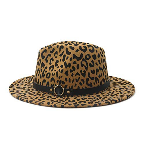 Women's Wide Brim Felt Fedora Panama Hat with Leopard - color: Z-camel