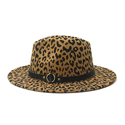 Women's Wide Brim Felt Fedora Panama Hat with Leopard - color: Z-camel