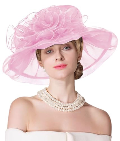 Women Derby Fascinator Hat Organza Church Wedding Hats Wide Brim Cocktail Tea Party Hat - color: 32 Pink