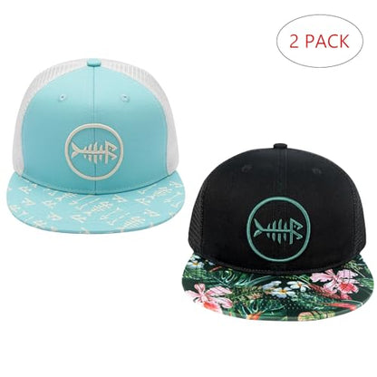 BASSDASH 2 Pack Flat Brim Trucker Cap Adjustable Snapback Hat Mesh Back for Men Women Fishing Hunting - color: Pack of 2, Turquoise & Black/Tropical Flower