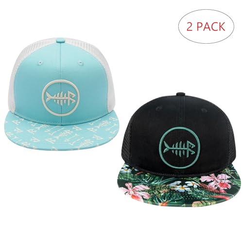 BASSDASH 2 Pack Flat Brim Trucker Cap Adjustable Snapback Hat Mesh Back for Men Women Fishing Hunting - color: Pack of 2, Turquoise & Black/Tropical Flower