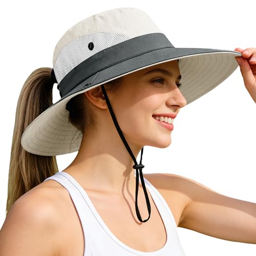 Rosoz Ponytail Sun Bucket Hats for Women UV Protection Foldable Wide Brim - color: 1-pack-beige