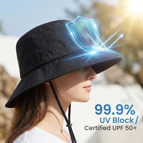 Moon Kitty Men's Sun Hat UPF 50+ Wide Brim Bucket HatAdjustable Nylon Fishing Hiking Boonie Hat for Large Heads - color: Black