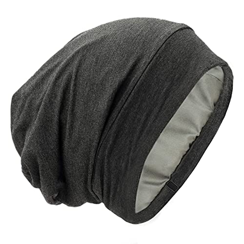 Silk Satin Lined Bonnet Sleep Cap - Adjustable Stay on All Night Hair Wrap Cover Slouchy Beanie for Curly Hair Protection for Women and Men - Solid Dark Grey - color: Solid Dark Gray, size: One Size