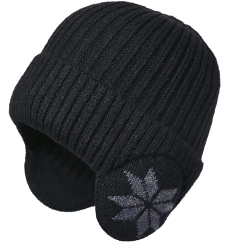 Knit Beanie Hat with Earflaps – Winter Warm Thick Fleece Lined Ski Skull Cap for Men Women - color: Black