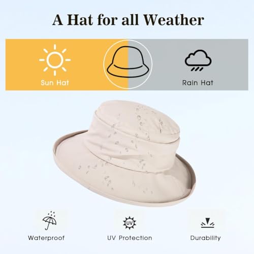 Comhats Women's Waterproof UPF 50+ Wide Brim Packable Rain Hat - color: 737_beige, size: X-Large