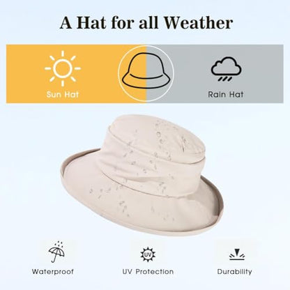 Comhats Women's Waterproof UPF 50+ Wide Brim Packable Rain Hat - color: 737_beige, size: X-Large