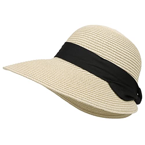 Summer Beach Sun Straw Hats for Women Wide Brim Packable Travel Bucket Hats UPF 50+ - color: Beige Cream, With Black Band