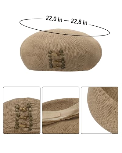 Women Beret Hat French Parisian Style Beanie Hats Vintage Painters Cap Artist Hat - color: Khaki+rivet